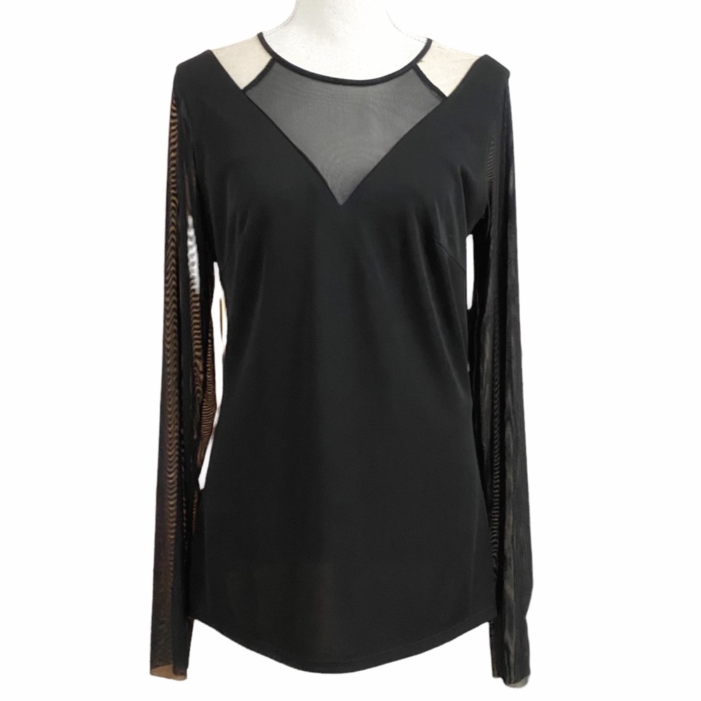 Bailey 44 Black Long Sleeve Mesh Inset Top with Cream Shoulder Accents